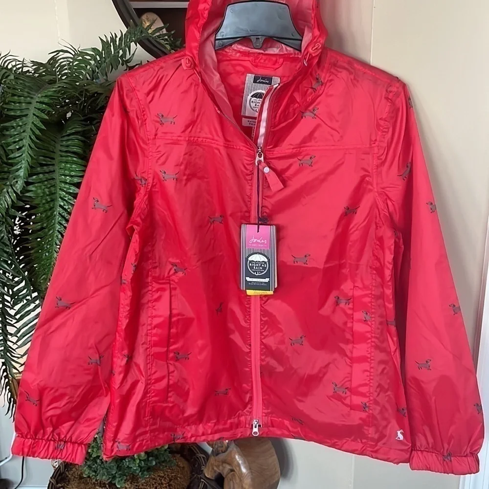 Brand New Joules Waterproof Breathable Rain Coat Zippered Jacket Red Dogs Hood